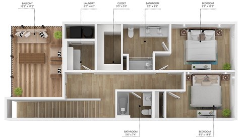 Floor plan for 2 beds, 3 baths, 1070 sqft